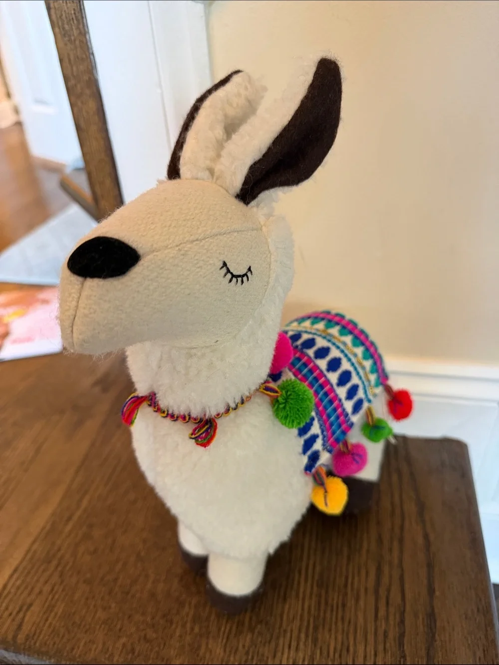 Plush Decorative Llama with Colorful Saddle - White